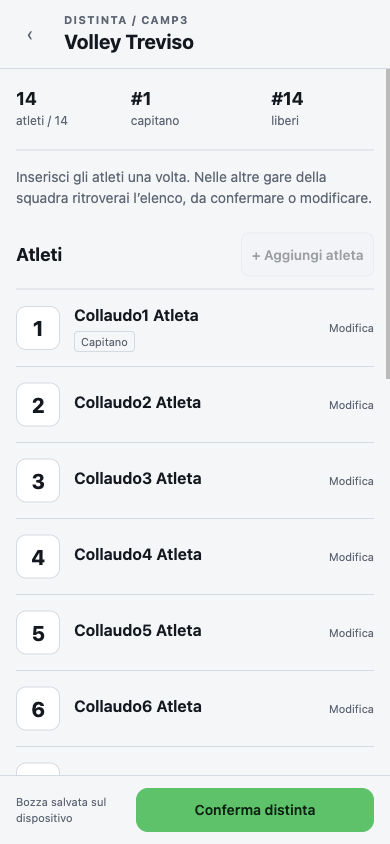 Distinta CAMP3 con riepilogo di atleti, capitano e liberi, righe modificabili e Conferma distinta in basso