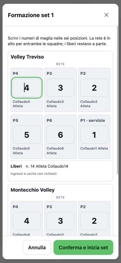 Inserimento della formazione con sei caselle numeriche disposte come il campo da pallavolo